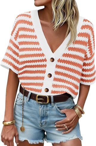 Saodimallsu Womens Short Sleeve Striped Cardigan Sweaters Crochet Knit Button Down Shirts V Neck Spring Summer Tops in Saudi Arabia