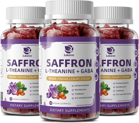 10-in-1 Saffron Gummies Supplements with L-Theanine 200mg, GABA, Ashwagandha, Turmeric, Lutein, Zeaxanthin & Astaxanthin for Mood, Focus & Eye Support Sugar Free, Vegan, Berry Flavor, 2 Pack 120 Count in Saudi Arabia