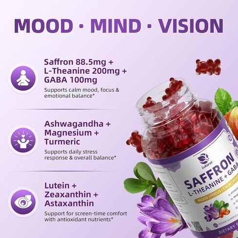 10-in-1 Saffron Gummies Supplements with L-Theanine 200mg, GABA, Ashwagandha, Turmeric, Lutein, Zeaxanthin & Astaxanthin for Mood, Focus & Eye Support Sugar Free, Vegan, Berry Flavor, 2 Pack 120 Count in Saudi Arabia