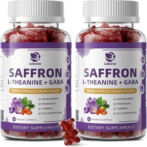 10-in-1 Saffron Gummies Supplements with L-Theanine 200mg, GABA, Ashwagandha, Turmeric, Lutein, Zeaxanthin & Astaxanthin for Mood, Focus & Eye Support Sugar Free, Vegan, Berry Flavor, 2 Pack 120 Count in Saudi Arabia