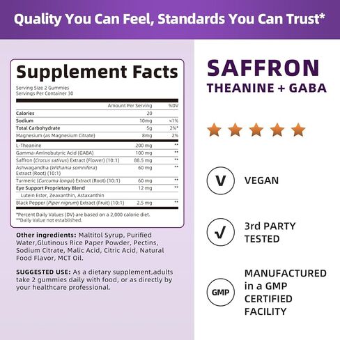 10-in-1 Saffron Gummies Supplements with L-Theanine 200mg, GABA, Ashwagandha, Turmeric, Lutein, Zeaxanthin & Astaxanthin for Mood, Focus & Eye Support Sugar Free, Vegan, Berry Flavor, 2 Pack 120 Count in Saudi Arabia
