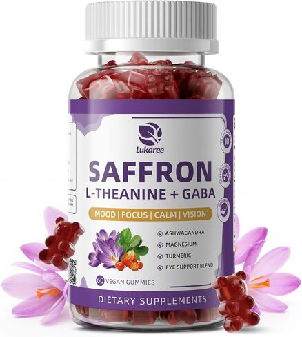 10-in-1 Saffron Gummies Supplements with L-Theanine 200mg, GABA, Ashwagandha, Turmeric, Lutein, Zeaxanthin & Astaxanthin for Mood, Focus & Eye Support Sugar Free, Vegan, Berry Flavor, 2 Pack 120 Count in Saudi Arabia