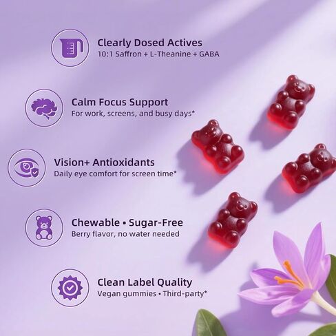 10-in-1 Saffron Gummies Supplements with L-Theanine 200mg, GABA, Ashwagandha, Turmeric, Lutein, Zeaxanthin & Astaxanthin for Mood, Focus & Eye Support Sugar Free, Vegan, Berry Flavor, 2 Pack 120 Count in Saudi Arabia