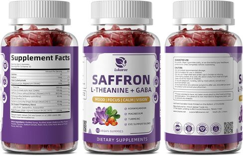 10-in-1 Saffron Gummies Supplements with L-Theanine 200mg, GABA, Ashwagandha, Turmeric, Lutein, Zeaxanthin & Astaxanthin for Mood, Focus & Eye Support Sugar Free, Vegan, Berry Flavor, 2 Pack 120 Count in Saudi Arabia
