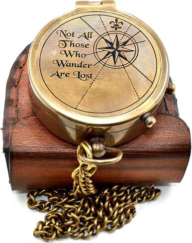 “Not All Those Who Wander are Lost" Engraved Vintage Pocket Compass, Antique Brass Nautical Compass with Leather Case, Travel Gift for Men & Women, Hiking Camping Navigation Tool, Graduation Gift in Saudi Arabia
