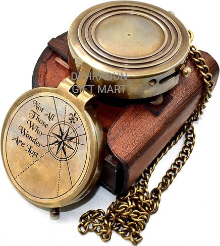 “Not All Those Who Wander are Lost" Engraved Vintage Pocket Compass, Antique Brass Nautical Compass with Leather Case, Travel Gift for Men & Women, Hiking Camping Navigation Tool, Graduation Gift in Saudi Arabia