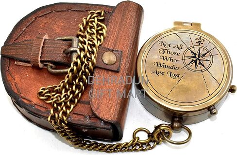 “Not All Those Who Wander are Lost" Engraved Vintage Pocket Compass, Antique Brass Nautical Compass with Leather Case, Travel Gift for Men & Women, Hiking Camping Navigation Tool, Graduation Gift in Saudi Arabia