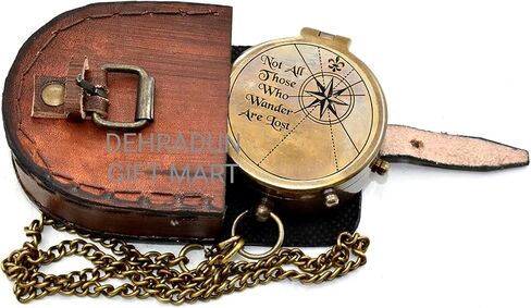 “Not All Those Who Wander are Lost" Engraved Vintage Pocket Compass, Antique Brass Nautical Compass with Leather Case, Travel Gift for Men & Women, Hiking Camping Navigation Tool, Graduation Gift in Saudi Arabia