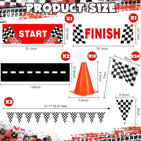 Tanlade 42 PC Traffic Cones and Checkered Flags Set Includes 12 Plastic Cones 24 Flags with Sticks 32ft Checkered Flag Banner 9.8ft Race Track Floor Mat Race Car Party Decorations in Saudi Arabia