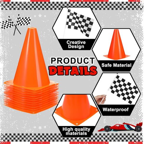 Tanlade 42 PC Traffic Cones and Checkered Flags Set Includes 12 Plastic Cones 24 Flags with Sticks 32ft Checkered Flag Banner 9.8ft Race Track Floor Mat Race Car Party Decorations in Saudi Arabia