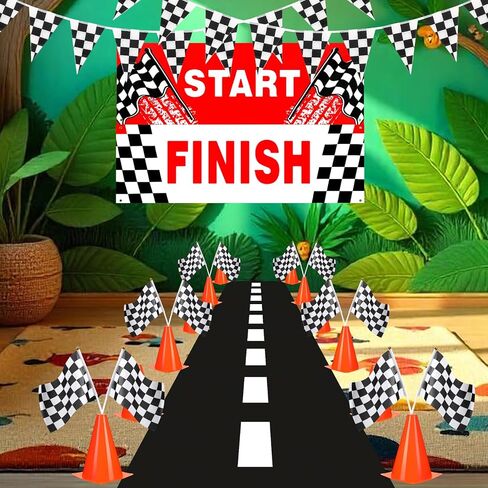 Tanlade 42 PC Traffic Cones and Checkered Flags Set Includes 12 Plastic Cones 24 Flags with Sticks 32ft Checkered Flag Banner 9.8ft Race Track Floor Mat Race Car Party Decorations in Saudi Arabia