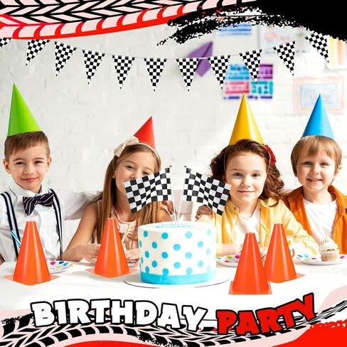 Tanlade 42 PC Traffic Cones and Checkered Flags Set Includes 12 Plastic Cones 24 Flags with Sticks 32ft Checkered Flag Banner 9.8ft Race Track Floor Mat Race Car Party Decorations in Saudi Arabia