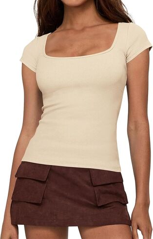 BTFBM T Shirts for Women Square Neck Tops 2026 Spring Trendy Fashion Going Out Workout Y2k Clothes Summer Outfits in Saudi Arabia