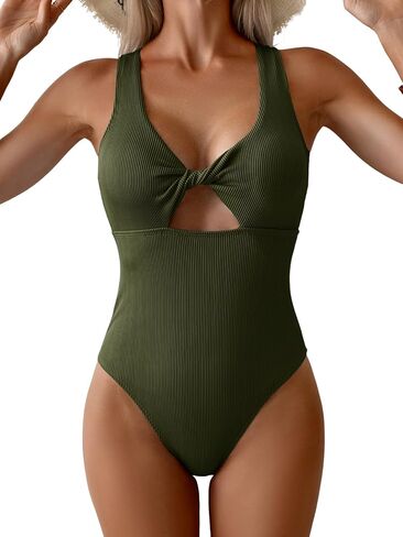 Aidonger Women's Swimsuit Ribbed Tummy Control One Piece Bathing Suit Twist V Neck Swimwear Metal Buckle Backless Swim Suit in Saudi Arabia