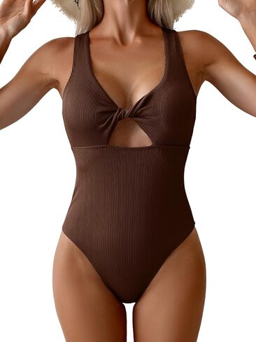 Aidonger Women's Swimsuit Ribbed Tummy Control One Piece Bathing Suit Twist V Neck Swimwear Metal Buckle Backless Swim Suit in Saudi Arabia