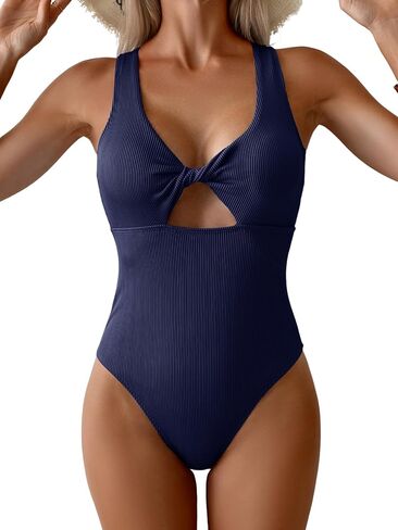 Aidonger Women's Swimsuit Ribbed Tummy Control One Piece Bathing Suit Twist V Neck Swimwear Metal Buckle Backless Swim Suit in Saudi Arabia
