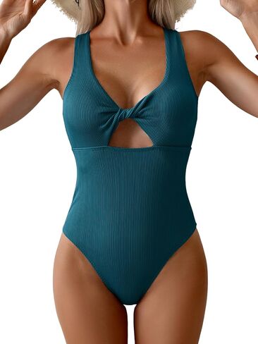 Aidonger Women's Swimsuit Ribbed Tummy Control One Piece Bathing Suit Twist V Neck Swimwear Metal Buckle Backless Swim Suit in Saudi Arabia