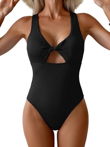 Aidonger Women's Swimsuit Ribbed Tummy Control One Piece Bathing Suit Twist V Neck Swimwear Metal Buckle Backless Swim Suit in Saudi Arabia