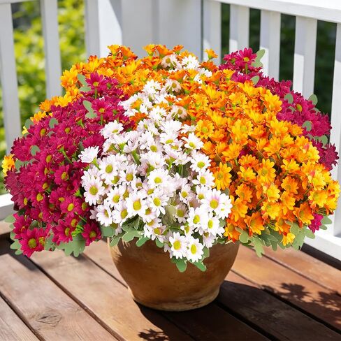 Aufind 16 Bundles Artificial Daisies Flowers Outdoor Fake Plants White Gerber Daisy Fake Foliage Greenery Faux Plants for Graves Hanging Outside Planter Window Box Wedding Decoration in Kuwait