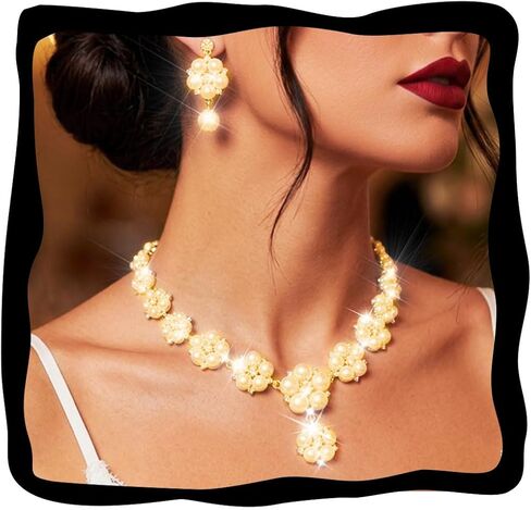 Nicute Pearl Jewelry Set for Women Crystal Necklace Earrings Sparkly Wedding Set for Birdal and Bridesmaid in Saudi Arabia