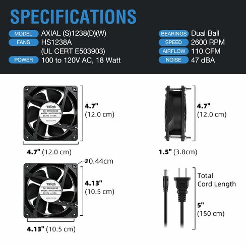 مروحة الكعك WHTech AC 110V 240V 120 مم × 38 مم مع وحدة تحكم متغيرة السرعة للمدخل، من غرفة إلى غرفة، موقد خشبي، مدفأة، تبريد دوران خزانة الشبكة in Saudi Arabia
