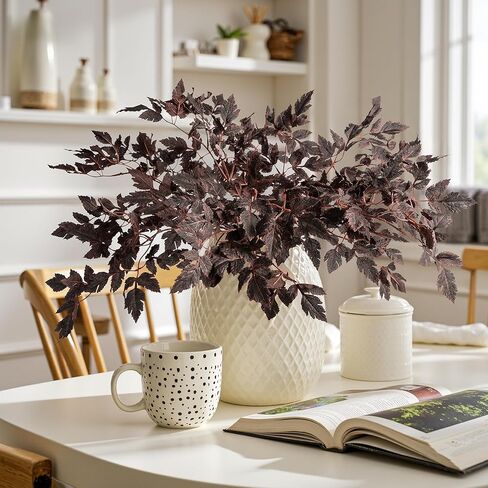 Artificial Fall Leaves Fall Stems Silk Plants Artificial Cimicifuga Plant Greenery， 4pcs Fall Stems for Vases Silk Plants for Home Indoor Table，Fireplace，Shop Office Decorations (No Vase in Saudi Arabia