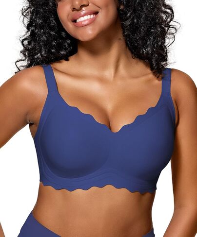 Scalloped Full Coverage Push Up Bras for Women No Underwire Seamless T-Shirt Bra Black XL-Plus in Saudi Arabia