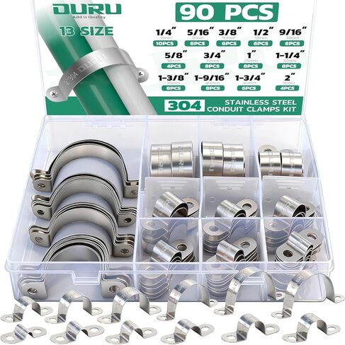 مجموعة متنوعة من مشابك القناة 90 قطعة من OURU 304 من الفولاذ المقاوم للصدأ، 16 مقاسًا (1/4 بوصة - 4 بوصة) دعامة مشبك أنابيب معدنية صلبة على شكل حرف U، شريط أنبوب بفتحتين للسيارات والأسلاك والأنابيب in Kuwait