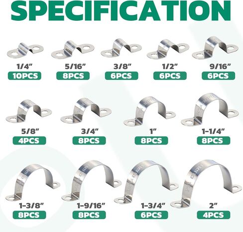 مجموعة متنوعة من مشابك القناة 90 قطعة من OURU 304 من الفولاذ المقاوم للصدأ، 16 مقاسًا (1/4 بوصة - 4 بوصة) دعامة مشبك أنابيب معدنية صلبة على شكل حرف U، شريط أنبوب بفتحتين للسيارات والأسلاك والأنابيب in Kuwait