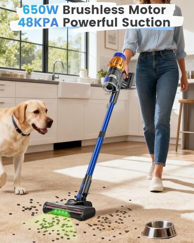 Cordless Vacuum Cleaner, 650W 48KPA 60Min Wireless Vacuum for Home，Stick Vacuum with Green Light Anti-Tangle, Rechargeable Vacuum Cleaners for Pet Hair Carpet Hard Floors (Blue) in Saudi Arabia
