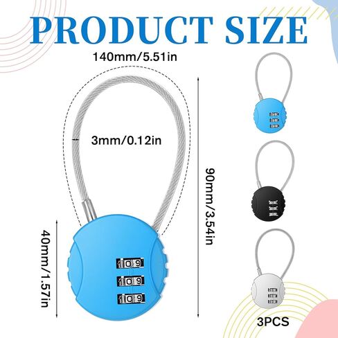 3 PCS 3 Digit Small Combination Locker Lock Gym Lock Padlock Outdoor Resettable Luggage Locks Waterproof Mini Wire Rope Suitcase Gate Pad Combo Locks for Zippers, Backpacks, Trolley Cases in Saudi Arabia