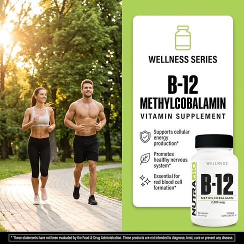 مكمل فيتامين NutraBio Methyl B-12، 2000 ميكروجرام - يعزز الصحة الخلوية والعافية، 90 كبسولة نباتية in Kuwait