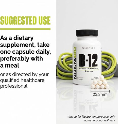 مكمل فيتامين NutraBio Methyl B-12، 2000 ميكروجرام - يعزز الصحة الخلوية والعافية، 90 كبسولة نباتية in Kuwait