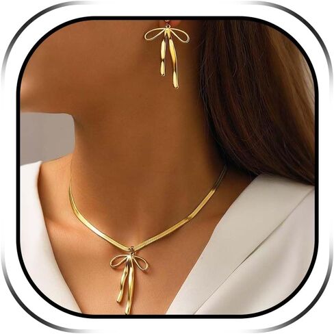 YANCHUN Gold Bow Necklace Earrings Set Dangle Drop Tassel Dainty Elegant Statement Earrings Necklace Dress for Women Accessories Jewelry Gifts in Saudi Arabia