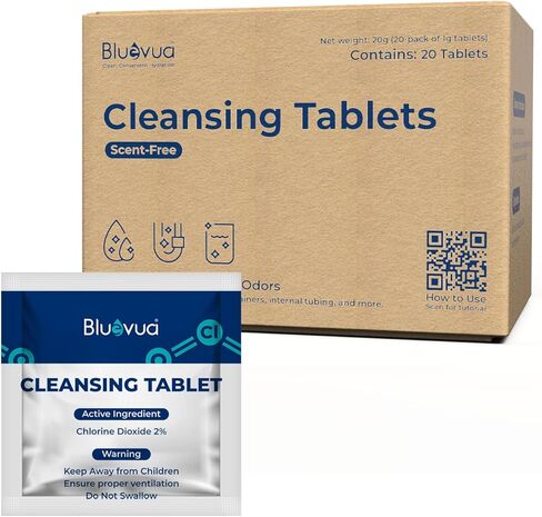 قرص التنظيف Bluevua، 20 عبوة، متوافق مع أنظمة RO على سطح الطاولة، تركيبة ثاني أكسيد الكلور، يزيل الروائح والتراكمات العضوية in Kuwait