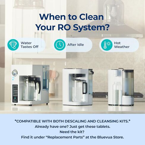قرص التنظيف Bluevua، 20 عبوة، متوافق مع أنظمة RO على سطح الطاولة، تركيبة ثاني أكسيد الكلور، يزيل الروائح والتراكمات العضوية in Kuwait