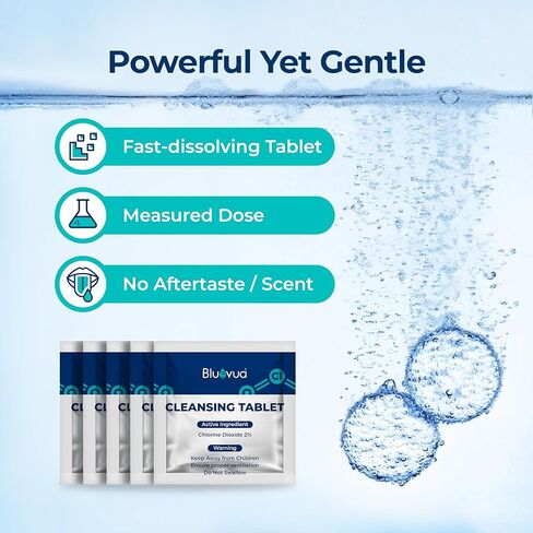 قرص التنظيف Bluevua، 20 عبوة، متوافق مع أنظمة RO على سطح الطاولة، تركيبة ثاني أكسيد الكلور، يزيل الروائح والتراكمات العضوية in Kuwait