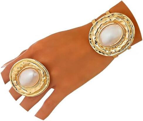 Chunky Oval Pearl Ring Bracelet Set for Women,Vintage Geometric Circular Texture Statement Knuckle Ring,Personalized Trendy Jewelry Accessories Gifts in Saudi Arabia