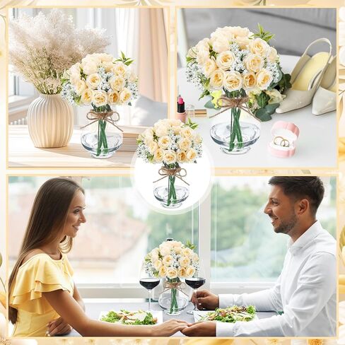 6 Sets Mason Jar Table Centerpiece with Artificial Roses Baby Breath Flowers Bouquet Faux Flowers with Vase Floral Arrangements Decor for Wedding Bridal Shower Home(Pink) in Saudi Arabia