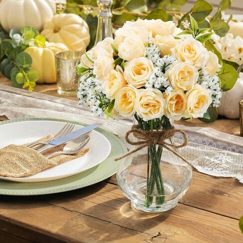 6 Sets Mason Jar Table Centerpiece with Artificial Roses Baby Breath Flowers Bouquet Faux Flowers with Vase Floral Arrangements Decor for Wedding Bridal Shower Home(Pink) in Saudi Arabia