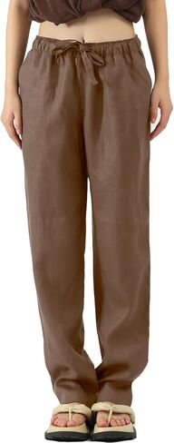 Women 100% Linen Pants with Drawstring Work Pants with Elastic Waist Relaxed Fit Casual Trousers for Women with Pockets in Saudi Arabia