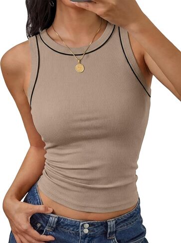 ANRABESS Womens Color Block Tank Tops High Neck Sleeveless Racerback Ribbed Knit Fitted Basic Tee Shirts 2026 Summer Clothes in Saudi Arabia