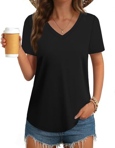 Womens T Shirts V Neck Short Sleeve Cotton Tops Summer Curved Hem Trendy Basic Tee Shirt S-XXL in Saudi Arabia