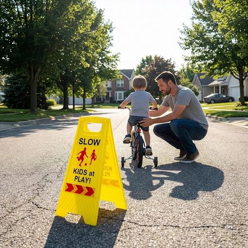 Covzoe 3 Pack Slow Down Signs, 24 Inch Double Sided Reflective Sign with Handle for Child Safety, Caution Children at Play Sign for Street, Sidewalk, Driveway, Park in Saudi Arabia