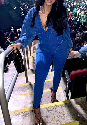 بذلة نسائية للتمرين بأكمام طويلة مثيرة ورقبة على شكل حرف V بدلة داخلية مضلعة قابلة للتمدد بلون سادة مريحة in Kuwait