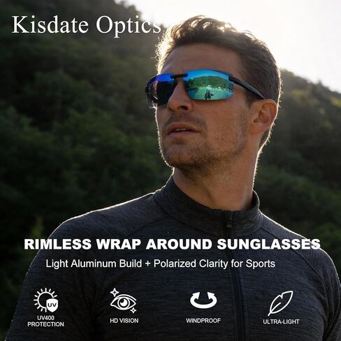 Semi-rimless Men's Polarized Sunglasses, Sporty Wrap Around Al-Mg Frame, High Scratch/Seawater/Oil Resistant in Kuwait