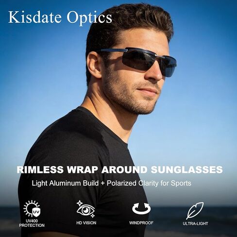 Semi-rimless Men's Polarized Sunglasses, Sporty Wrap Around Al-Mg Frame, High Scratch/Seawater/Oil Resistant in Kuwait