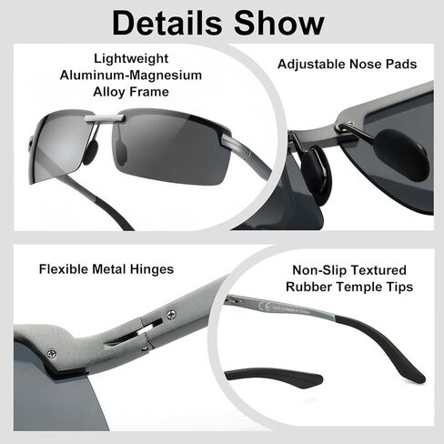 Semi-rimless Men's Polarized Sunglasses, Sporty Wrap Around Al-Mg Frame, High Scratch/Seawater/Oil Resistant in Kuwait