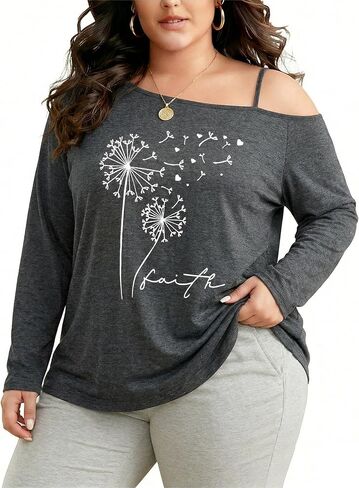 NANYUAYA المرأة حجم كبير قبالة الكتف بلايز الرسم تي شيرت طويل الأكمام البلوز قمصان متعرج موضة الملابس 1X-5X in Kuwait