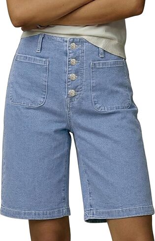 Utyful Jean Bermuda Shorts for Women High Waisted Button Fly Patch Pocket Summer Casual Long Stretchy Denim Shorts in Saudi Arabia